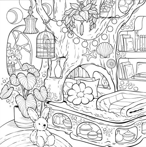 Cottagecore Colouring Pages, Fairycore Coloring Pages, Room Coloring Pages, Aesthetic Colouring Pages, Aesthetic Colouring Pages Printable, Manga Coloring Book, Kitty Coloring, Adult Coloring Books Printables, Abstract Coloring Pages