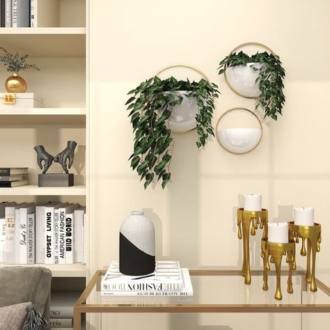 White, Gold or Black Metal Indoor Outdoor Round Geometric Wall Planter (Set of 3) - On Sale - Bed Bath & Beyond - 32086094 Wall Plants Indoor, Wall Planters Outdoor, Metal Wall Planters, Wall Planters Indoor, Plant Wall Decor, Hanging Plant Holder, Kids Headboard, Bedroom Plants, Reclining Furniture