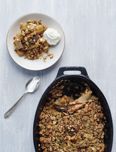 Pear and Fig Breakfast Crisp Fig Breakfast, Breakfast Crisp, Pear And Fig, Figs Breakfast, Fruit Pie, Dried Figs, Nuts And Seeds, Toasted Almonds, Pure Maple Syrup