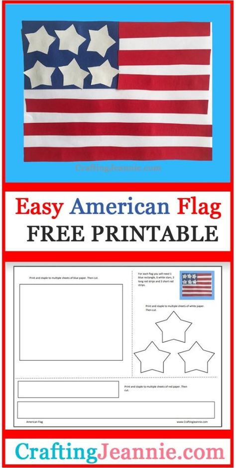 Make this Easy American Flag Craft with you crew of kids. Free Printable! Great for all American holidays: Memorial Day, Fourth of July, Veterans Day, Labor Day, Presidents Day. Preschool Craft, Elementary School Craft or even Girl Scouts and Boy Scouts.  #FourthofJuly, #AmericanFlag, #MemorialDay #VeterensDay, #LaborDay, American Flag Preschool Craft, Labor Day Kids Activities, Veteran Day Crafts For Kids, Presidents Day Crafts For Preschoolers, Labor Day Crafts For Kids, Presidents Day Crafts For Kids, Presidents Day Crafts, Veterans Day Crafts For Kids, Craft Elementary