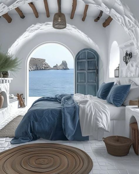 Greek Aesthetic Interior, Greek Interior Design Bedroom, Greece Home Decor, Medatrainian Bedroom, Greek Summer House Interiors, Greek Bedroom Ideas, Greek Room Ideas, Greek House Bedroom, Greece Aesthetic Room Decor