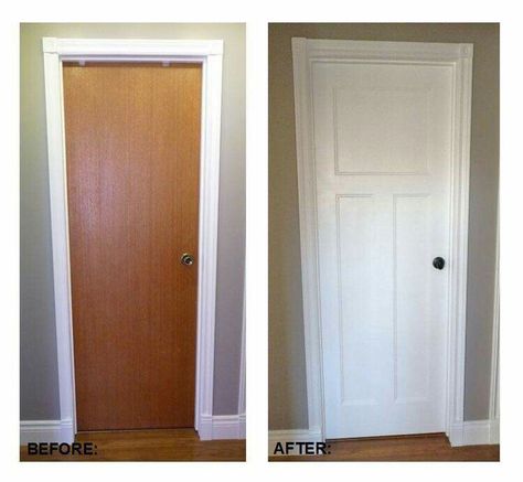 Turn plain door into craftsman-style two panel door Replacing Interior Doors, Flat Panel Doors, After Pictures, Door Makeover, Before And After Pictures, Updating House, Diy Door, Basement Remodeling, Interior Doors