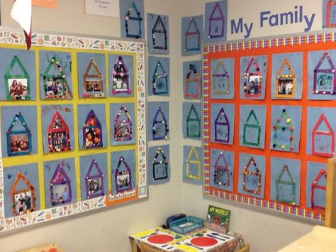 Art Center-House picture frames with photos or drawings- Amy Calabrese MISD Family Photo Wall Preschool Classroom, Family Crafts Preschool, Preschool Displays, November Themes, Preschool Family Theme, Displaying Family Pictures, Read Faster, Preschool Family, Preschool Pictures