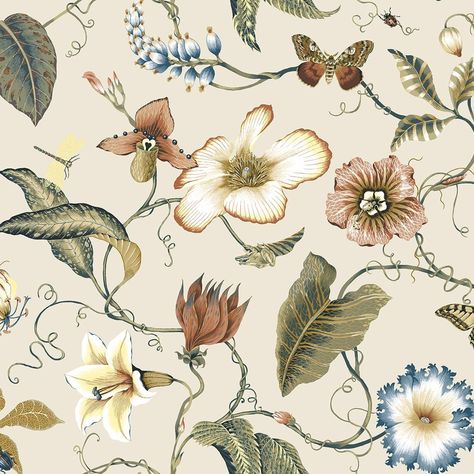 Floral Peel And Stick Wallpaper, Temporary Wallpaper, Beige Wallpaper, Wallpaper Rolls, Botanical Pattern, Burke Decor, Summer Garden, Self Adhesive Wallpaper, Wallpaper Roll