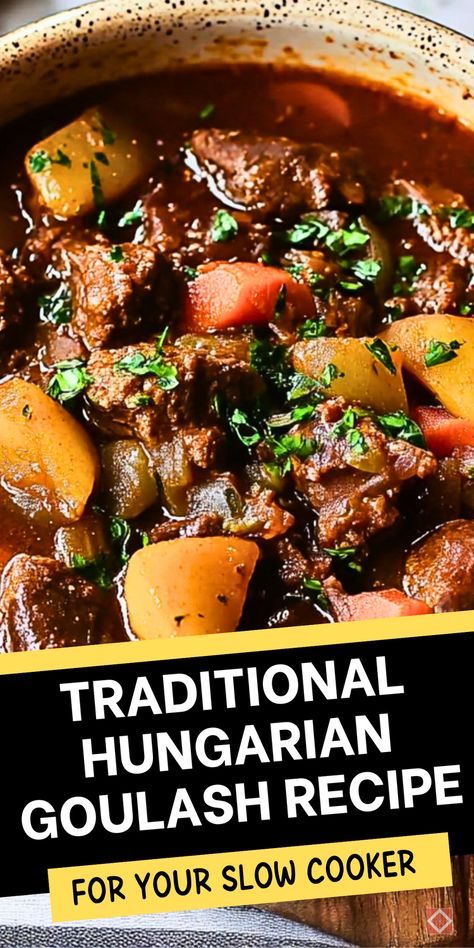 Add a touch of tradition to your meals with this Slow Cooker Hungarian Goulash! This easy recipe blends tender beef, potatoes, and paprika in a slow-simmered stew that’s perfect for family gatherings. Save this pin to make goulash like they did in Hungary—full of flavor and heart. Hungarian Smoked Sausage Recipes, Crock Pot Hungarian Goulash Recipes, European Goulash Recipes, Hungarian Stew Recipes, Best Hungarian Goulash Recipes, Hungarian Potato Goulash, Hungarian Goulash Recipes Crockpot, Hungarian Paprika Recipes, Authentic Goulash Recipes