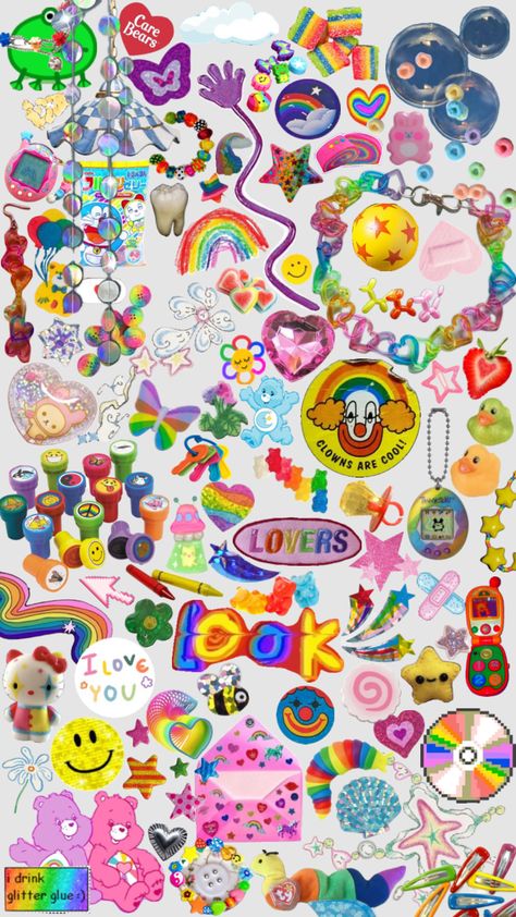 Kidcore Stickers Printable, Rainbow Collage Aesthetic, Rainbow Scene Wallpaper, Rainbow Indie Wallpaper, Kidcore Room, Nostalgia Wallpaper, Sticker Sheet Y2k, Pink Scrapbook, Scene Wallpaper