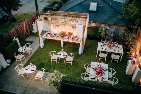 Simple Backyard Reception, Wedding Rental Ideas, House Wedding Ideas Small Indoor, Garden Party Seating, Average Wedding Costs, Backyard Celebration, Rental Ideas, Backyard Wedding Ceremony, Small Backyard Wedding