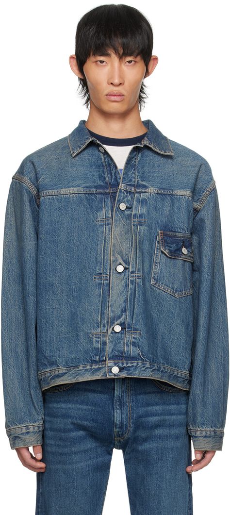 Non-stretch denim jacket. Fading throughout. · Spread collar · Tucks at button closure · Flap pocket at chest · Single-button barrel cuffs · Cinch strap at back hem · Unlined · Contrast stitching in tan Supplier color: Field wash Types Of Jackets, Denim Jacket Men, Denim Coat Jacket, Denim Jackets, Contrast Stitch, Mens Denim, Type 1, Flap Pocket, Outerwear Jackets