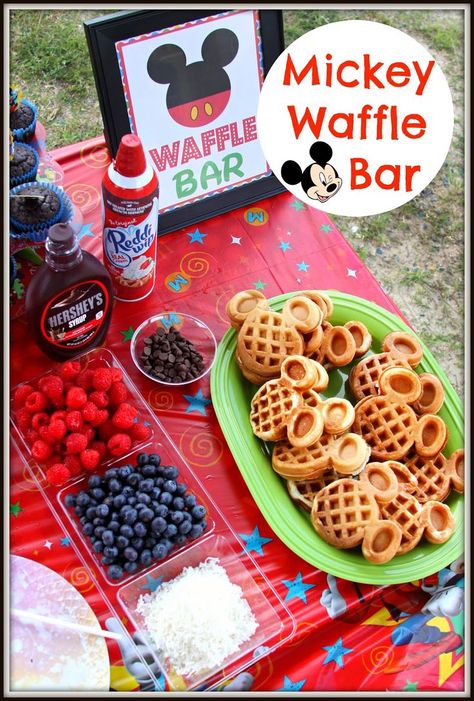 DIY Mickey Waffle Bar and #DisneyKids Preschool Playdate Party Mickey Mouse Birthday Breakfast, Disney Brunch Ideas, Disney Brunch, Mickey 2nd Birthday, Mickey Waffle, Γενέθλια Mickey Mouse, Party Breakfast, Disney World Birthday, Birthday Breakfast Party