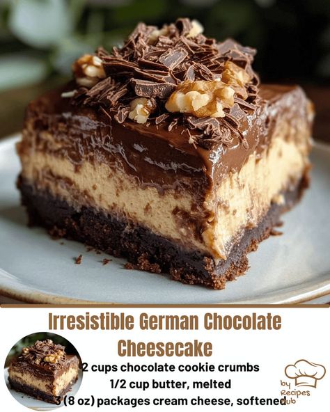 Irresistible German Chocolate Cheesecake German Chocolate Cheesecake, Chocolate Cheesecake Recipe, Cinnamon Roll Cheesecake, Coconut Cheesecake, Chocolate Cheesecake Recipes, Cheesecake Chocolate, Delicious Deserts, Rich Desserts, Chocolate Cheese