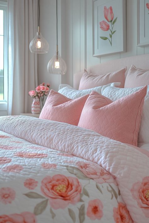 Create a luxurious and inviting master bedroom with these 27 white and pink ideas. Explore crisp white bedding, blush pink accent walls, and delicate floral patterns. Discover white furniture with pink cushions, rose gold metallic accents, and romantic artwork. Find inspiration for pink and white striped curtains, plush pink rugs, and crystal chandeliers. White And Pink Bedroom Ideas, Fairycore Home, Kawaii Furniture, Pink Bed Canopy, White And Pink Bedroom, White Floorboards, Peach Bedroom, Pink Accent Walls, Pink Rugs