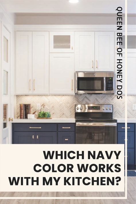 Do you drool when you see navy cabinets but worry that you can't pull it off? Ditch the fear. Here's the best navy options and how to make it work. #paint #color #navy #cabinets Navy Lowers And White Uppers, Navy Base Cabinets White Upper Cabinets, Navy Blue Kitchen Cabinets With Gray Floors, Wall Color For Navy Cabinets, Navy Cream Kitchen, Hardware For Navy Cabinets, Navy Blue Kitchen Cabinets On Bottom White On Top, Navy Lower Kitchen Cabinets, Best Navy Paint For Cabinets