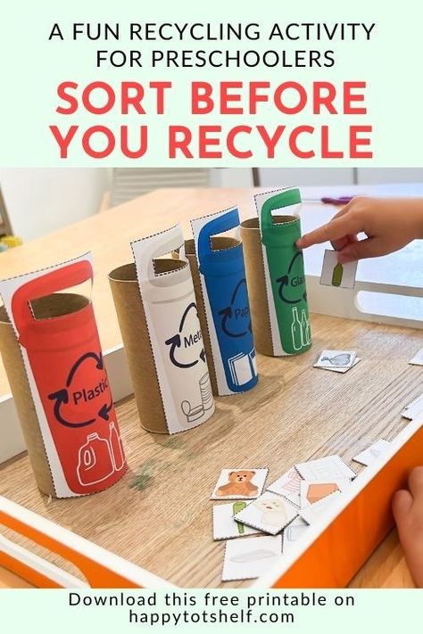 Preschooler sorting trash and placing them in toilet paper rolls recycling bins. Preschool Sustainability Ideas, Recycling Activity For Preschoolers, Early Years Recycling Activities, Recycle For Preschool Activities, Recycled Preschool Activities, National Recycling Week Activities For Kids, Recycle Sorting Preschool, Math Recycling Activities, Recycling Activities For Kindergarten