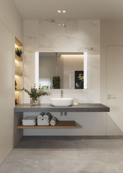 Drømme Bad, Popular Bathroom Designs, All White Bathroom, Bathroom Contemporary, Minimalist Shelves, Trendy Bathroom, Bad Design, Modern Light Fixtures, Ideas Bathroom