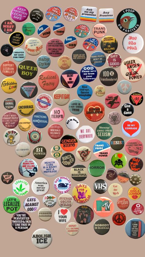 Saving for later use lmao #buttonpins #buttons #pins #lgbt+ #incomingcallfromthevoid Vintage Queer Pins, Punk Button Pins, Diy Punk Pins, Punk Pins Diy, Pin Ideas Button Diy, Trash Jacket, Punk Buttons, Protest Pins, Punk Badges