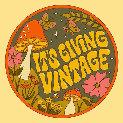 New logo for @itsgivingvintage 🍄🦋✨ I also created story wallpapers and highlight icons for a fully cohesive profile. Logo | branding | vintage | thrifting | illustration | mushrooms | groovy | 1970s | cottagecore | lettering Cottagecore Logo Design, Cottagecore Lettering, Thrifting Illustration, Mushroom Typography, Cottagecore Logo, Groovy Goodies, Mushroom Quotes, 1970s Cottagecore, Mushroom Logo