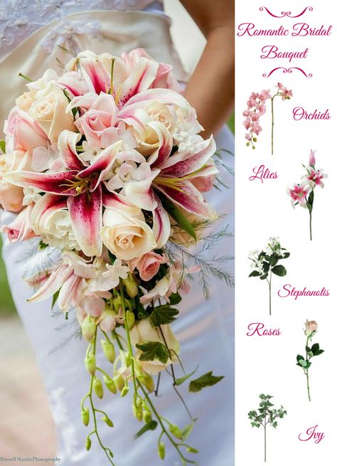 Romantic Bridal Bouquet.  Fill your bouquet with orchids, lilies, roses and more.  Think silk flowers for your bouquet and create a lasting keepsake.  Afloral.com has DIY Bouquet tutorials and high-quality faux flowers to make your dream wedding bouquet a reality. Bouquet Pastel, Pink Lilies, Bride's Bouquet, Lily Bouquet, White Wedding Bouquets, Silk Flowers Wedding, Diy Wedding Flowers, White Bouquet, Bride Bouquets