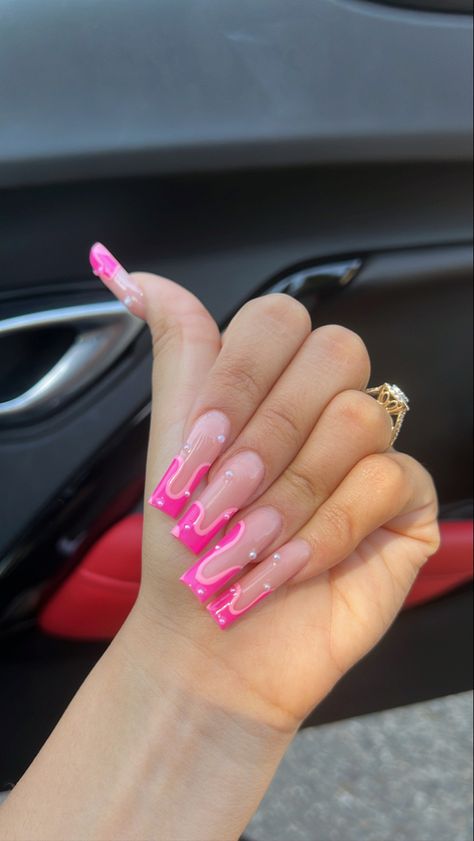 Cute Barbie Pink Nails, Baddie Nails Acrylic Pink Medium, Hot Pink Nails With Pearls, Pink Theme Acrylic Nails, Pink Barbie Acrylic Nails, Acrylic Nail Set Ideas Simple, White Pink Nails Acrylic, Square Barbie Nails, Barbie Nails Design Ideas Long