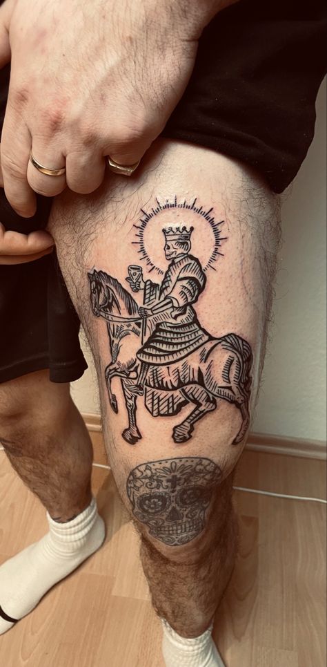 The Green Knight Tattoo, New Orleans Tattoo Sleeve, Knight Tattoo Chess, Russian Orthodox Tattoo, Narco Tattoos, King Baldwin Iv Tattoo, Green Knight Tattoo, Knight On Horse Tattoo, Existentialism Tattoo