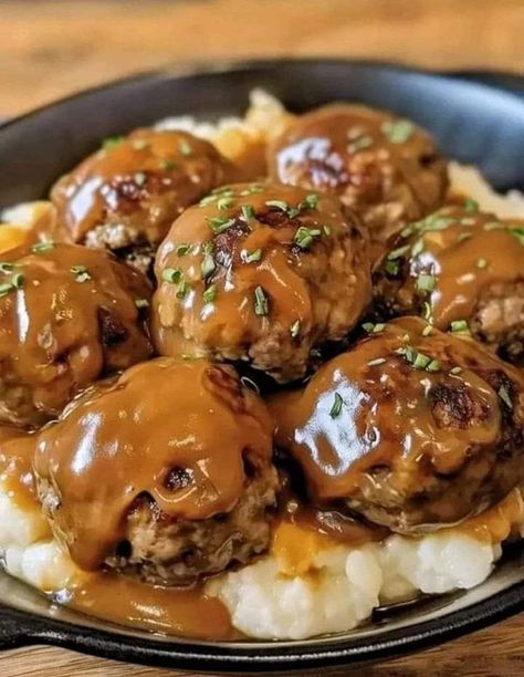 Grandma Old Recipes | The Ultimate Salisbury Steak Meatballs with Mushroom Gravy 🍄 | Facebook Meatballs And Mushroom Gravy, Homemade Chili Beans, Meatballs With Mushroom Gravy, Chicken Gnocchi Soup Recipe, Salisbury Steak Meatballs, Savory Meatballs, Mushroom Gravy Recipe, Apple Salad Recipes, Chicken Fried Rice Recipe