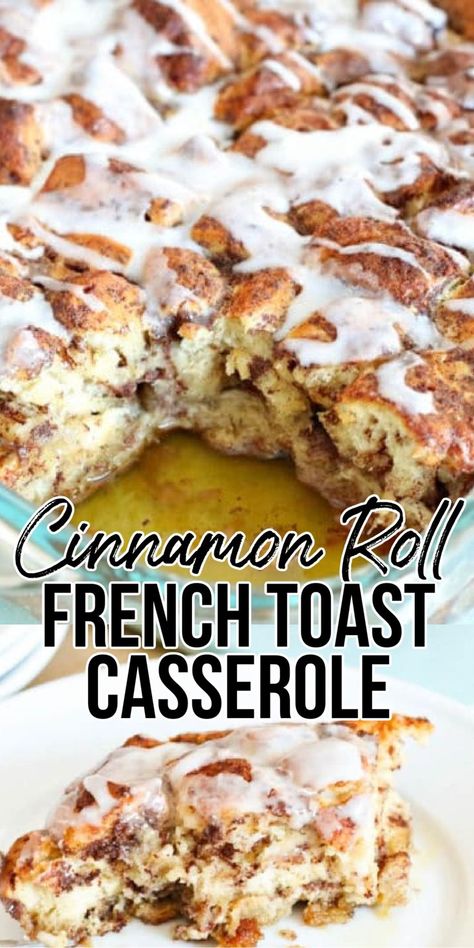 French Toast Casserole in a baking pan Cinnamon Roll French Toast Casserole, Cinnamon Roll French Toast Bake, French Toast Casserole Recipe, Cinnamon Roll French, Pillsbury Cinnamon Rolls, Cinnamon Roll French Toast, Yummy Casserole Recipes, French Toast Casserole Recipes, Breakfast Sweets