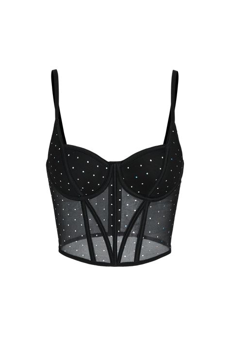 Shine like a star with our Rhinestone Mesh Bustier Lingerie Top! This glamorous piece combines sultry mesh with dazzling rhinestones, creating a dazzling spectacle that's sure to captivate. Whether you're looking to make a statement or add a touch of sparkle to a special occasion, this bustier lingerie top is your go-to choice for radiant confidence. Product code: CAA11B3J014AA Features:  Knit Sweetheart neckline Adjustable cami straps Mesh insert Lightly lined Rhinestones/Faux gems Binding  Lon Rhinestone Bustier Top, Rhinestone Bustier, Bustier Lingerie, Shine Like A Star, Lingerie Top, Swimwear Beach, Beach Look, Beach Dresses, Aesthetic Outfits