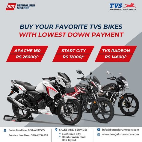 Buy your favorite TVS Bike & Scooter with a Lowest Down Payment at Bengaluru Motors today!

Visit Now: www.bengalurumotors.com
Sales No.080-41141555
Sales No.6366253111
Service No. 080- 41134555
Service No. 9606289595
Email: Bengalurutvs@gmail.com


#BikeService #Offer #Discount #TVSBike #TVSScooter #TVSMotorCompany #Bangalore Bike Advertisement, Tvs Bike, Bike Poster, Social Media Advertising Design, Down Payment, Bike Design, Web Development Design, Advertising Design, Media Post