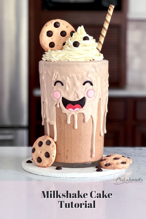 Watch the video tutorial on Cakeheads.com showing you how to use some fun and easy techniques to make cake look like this glass of milkshake! Milkshake Cake, Birthday Cake Decorating Ideas, Funny Birthday Cakes, Cartoon Cake, Cake Decorating Ideas, Chocolate Milkshake, Cake Decorating Designs, Crazy Cakes, Cookie Inspiration