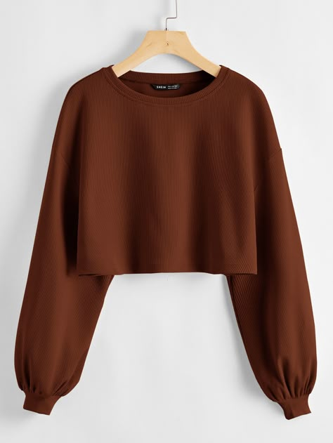 Solid Drop Shoulder Crop Top Cute Solid Color Shirts, Brown Shirt For Women, Brown Crop Top Outfit, Brown Blouse Outfit, Crop Top Manga Larga, Cute Long Sleeve Tops, Brown Long Sleeve Shirt, Brown Crop Top, Crop Top Long Sleeve