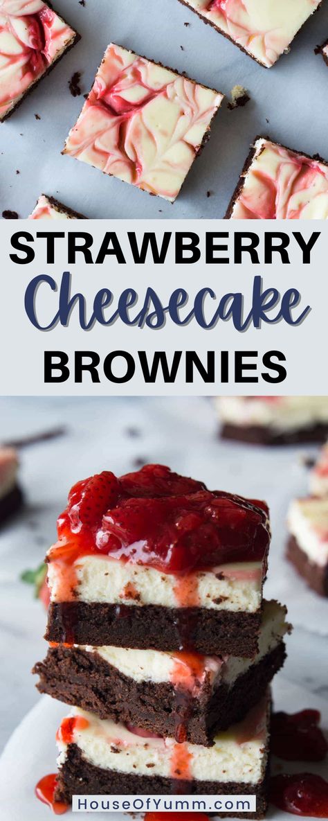 Strawberry Cheesecake Brownies. These homemade brownies are loaded up with a layer of creamy cheesecake then swirled with a sweet strawberry sauce for a pop of color and flavor! Spoon the extra strawberry sauce over the top for an extra special dessert! These are the perfect treat for that special someone. Strawberry Brownie Cheesecake, Strawberry Cheesecake Brownies, Squares Recipes, Recipes Cheese, Easy Bar Recipes, Bar Desserts, Holiday Baking List, Amazing Desserts, Blondies Recipe