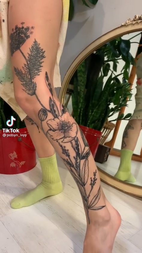 Flower Tattoo Leg, Shin Tattoo Ideas, Symmetrical Hip Tattoos, Botanical Tattoo Sleeve, Flower Leg Tattoos, Flor Tattoo, Shin Tattoo, 4 Tattoo, Nature Tattoo