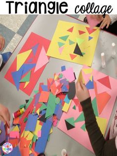 Triangle collages! P Triangles Preschool Activities, Infant Shape Activities, Teaching Triangles Preschool, Triangle Crafts For Preschoolers, Shape Collage Preschool, Triangle Activities For Kindergarten, Triangle Preschool Crafts, Triangle Art Preschool, Triangle Art For Toddlers