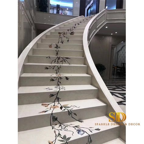 This is custom made water jet marble inlay for staircase. All flowers on tread and risers are continuing. Waterjet Marble Design, Waterjet Marble Medallion, Marble Inlay Designs, Water Jet Medallion, Luxury Stairs, Marble Aesthetic, Marble Medallion, درج السلم, Floor Medallion