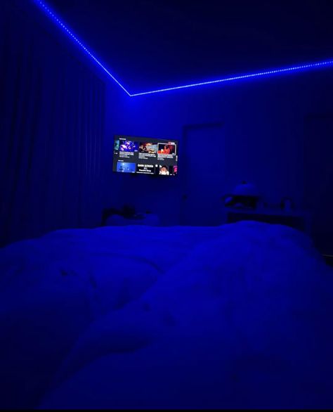 Led Lights Bedroom Gaming, Dark Led Room, Dark Room With Led Lights, Blue Led Room, Instagram Spam Posts, Chill Room Ideas, Girls Loft Bed, Led Beds, Summer Room