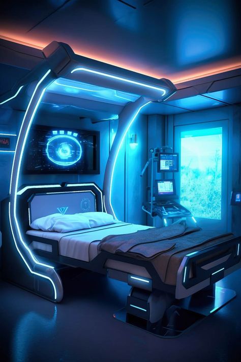 Cyberpunk Smart Sleep Laboratory Optimize Your Rest Scifi Bedroom, Scifi Room, Cyberpunk Room, Futuristic Bedroom, Scifi Interior, Futuristic House, Laboratory Design, Black Floor Tiles, Spaceship Interior