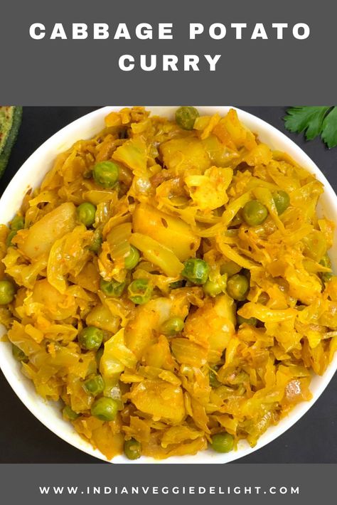 Indian Cabbage Recipes, Vegetarian Cabbage Recipes, Indian Cabbage, Potato And Pea Curry, Cabbage Curry, Cabbage Potatoes, Indian Vegan, Indian Foods, Vegetarian Cabbage