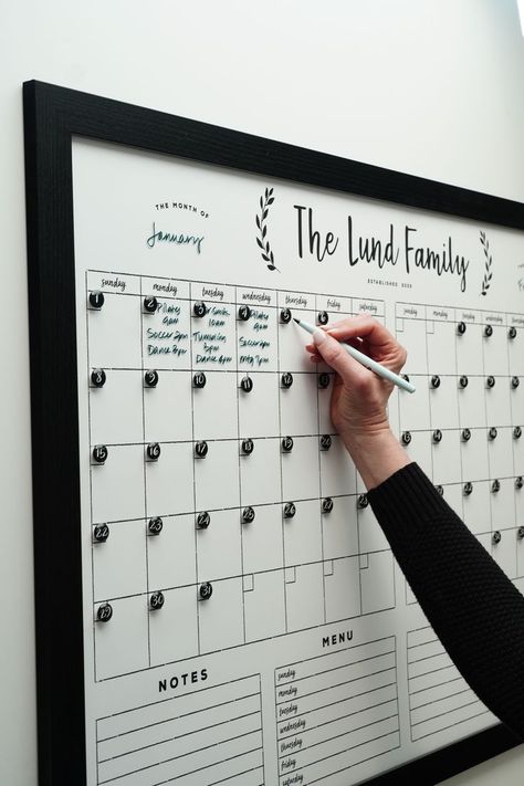 Family Meal Calendar, Family Calendar Wall, Diy Calendar Wall, Wall Calendar Organizer, Family Wall Calendar, Family Dinner Planning, Family Planner Wall, Homework Chart, Framed Whiteboard