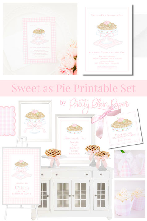 A watercolor little sweetie pie, sweet as pie, or cutie pie birthday party or baby shower set that is completely printable or printing services are also offered. Pink gingham, balloons, florals, are all included in the matching designs. Be sure to look for matching party decor, signage, placemats, party hats, cupcake toppers, and more!  All artwork is original by Pretty Plain Paper. Pie Birthday Party, Cutie Pie Birthday, Pie Watercolor, Pie Birthday, Georgetown Kentucky, Plain Paper, Watercolor Printable, Sweetie Pie, Pink Gingham