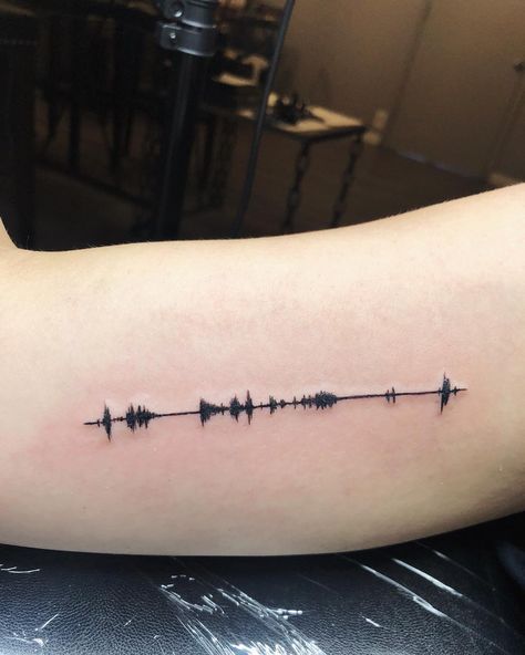 Voice Note Tattoo, Audio Wave Tattoo, Spotify Sound Wave Tattoo, Sound Of Silence Tattoo, Audio Tattoo Sound Waves, Sound Tattoo Ideas, Sound Wave Tattoo Ideas, Voice Message Tattoo, Voice Tattoo Sound Waves