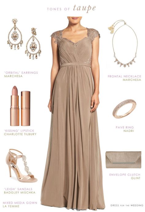 Taupe Evening Gown for Mother-of-the-Bride or Mother-of-the-Groom dress Principal Sponsor Dress For Wedding, Taupe Gown, Wedding Teal, Taupe Bridesmaid, Dress For Wedding Guest, Taupe Wedding, Neon Prom Dresses, Mothers Gowns, Taupe Bridesmaid Dresses