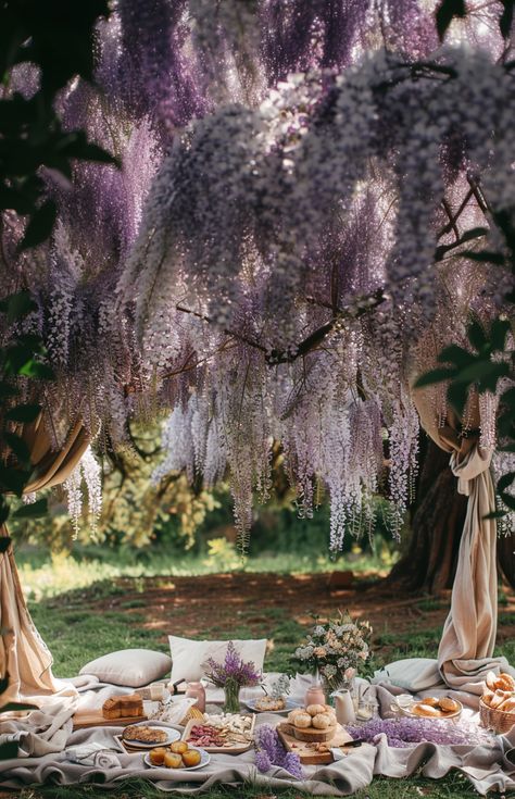 Enchanting Garden Picnic under Cascading Wisteria: Inspiration for Your Next Outdoor gathering! Wisteria Adalyn Grace, Ethereal Picnic, Garden Picnic Aesthetic, Fairy Garden Picnic, Waterfall Picnic, Fairy Picnic, Picnic Setup, Starry Wedding, Wisteria Garden