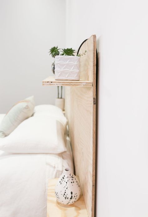 DIY Minimalist Plywood Shelf Headboard – Mr. Kate Headboard Minimalist, Shelf Headboard, Plywood Shelf, How To Make Headboard, Headboard With Shelves, Plywood Shelves, Diy Headboards, Pastel Room, Diy Headboard