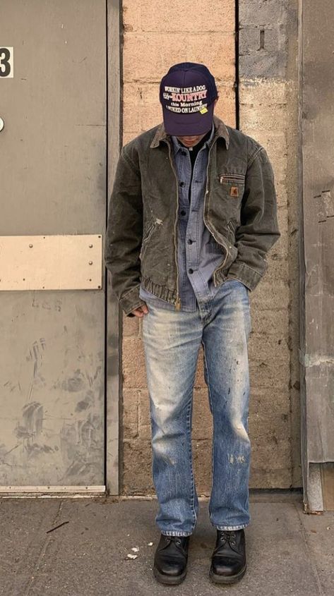 Mens Winter Outfits Rugged, Levi 517 Outfit Men, 60s Inspired Outfits Men, Midwestern Fashion, Biker Core Fashion, Modern Greaser Style, Workwear Streetwear, Mens Workwear Fashion, Workwear Aesthetic Men