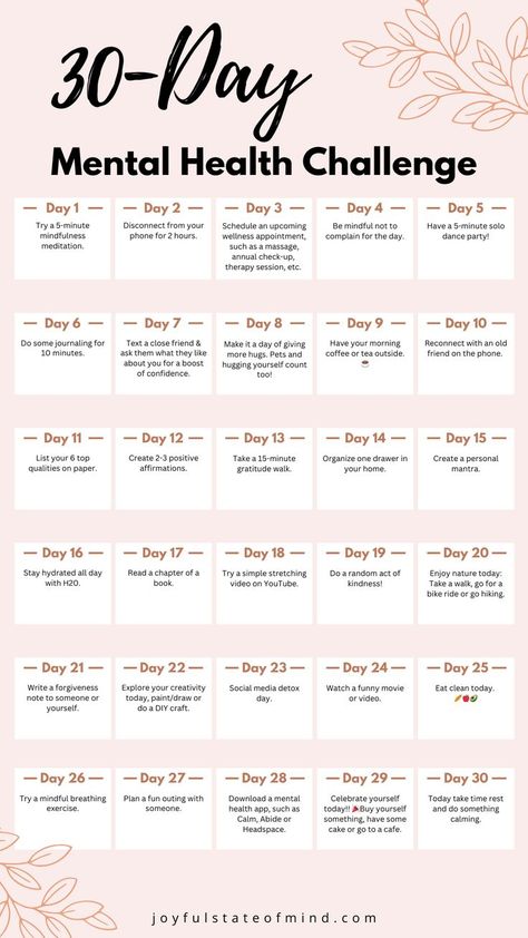 #glowuptips #beautyhacks #skincare #makeuptips #selfcare #glowingskin #beautytips #transformation #selflove #confidenceboost #glowupjourney 30 Days Mental Health Challenge, Health Challenge 30 Day, Monthly Challenge Ideas 30 Day, 30 Day Mental Health Challenge, Mental Health Plan, Mental Health Challenge, Types Of Mental Health, Positivity Challenge, Minimalism Challenge