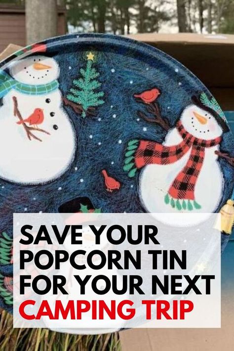 This popcorn tin storage ottoman is so easy to make! Plus, it is great for camping, RVing, or using at home. Easy repurposed popcorn tin DIY idea. Reuse Popcorn Tins, Upcycle Popcorn Tins, Popcorn Containers Diy, Popcorn Tins Repurpose, Popcorn Tin Repurpose Diy, Christmas Popcorn Tins, Popcorn Tins, Holiday Popcorn, Diy Popcorn