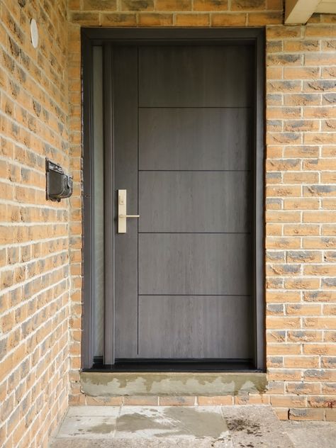 Fiberglass door with multipoint lock and sandblasted sidelite. Fiberglass Exterior Doors With Sidelights, Modern Fiberglass Front Door, Custom Front Entry Doors, Solid Exterior Door, Front Door Options, Exterior Doors With Sidelights, House Front Door Design, Fiberglass Exterior Doors, Creek House