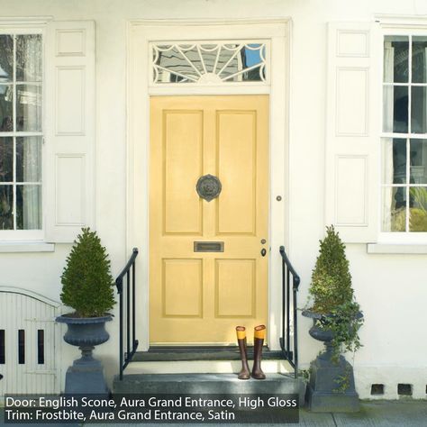 Benjamin Moore English Scone for front door Behr Painters White, Shutter Paint Colors, Coral Front Doors, Yellow Front Door, Best Front Door Colors, Yellow Front Doors, Exterior Shades, Best Front Doors, Green Front Doors