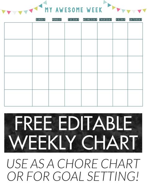 FREE editable weekly chart - great to use as a chore chart for kids or goal setting! You can type in the PDF yourself and print! Editable Chore Chart, Weekly Chore Charts, Goal Charts, Printable Reward Charts, Chore Chart Template, Weekly Chores, Reward Chart Kids, Kids Rewards, Printable Chore Chart