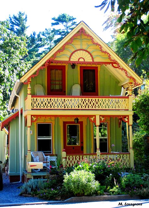 Colorful Cottage Exterior, Maximalist House Exterior, Colorful Cabin, 70s House Exterior, Victorian Farmhouse Decor, Grimsby Ontario, Funky Cottage, Cottage Exterior Colors, Painted Lady House