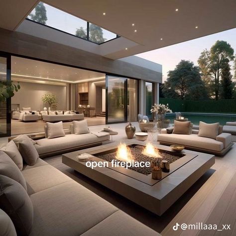 Modern Sunken Lounge, Dream Home Ideas Living Room, Modern Outdoor Patio Ideas Luxury, Vision Board Living Room, Amazing Living Rooms, Modern Home Interior Design Living Rooms Luxury Houses, Modern Luxury Basement, Luxury Homes Dream Houses Exterior, Modern Luxury Living Room Decor